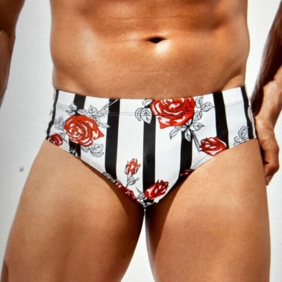 Brand New Men Striped Print Swim Brief Light Blue & White XL - Picture 3 of 5